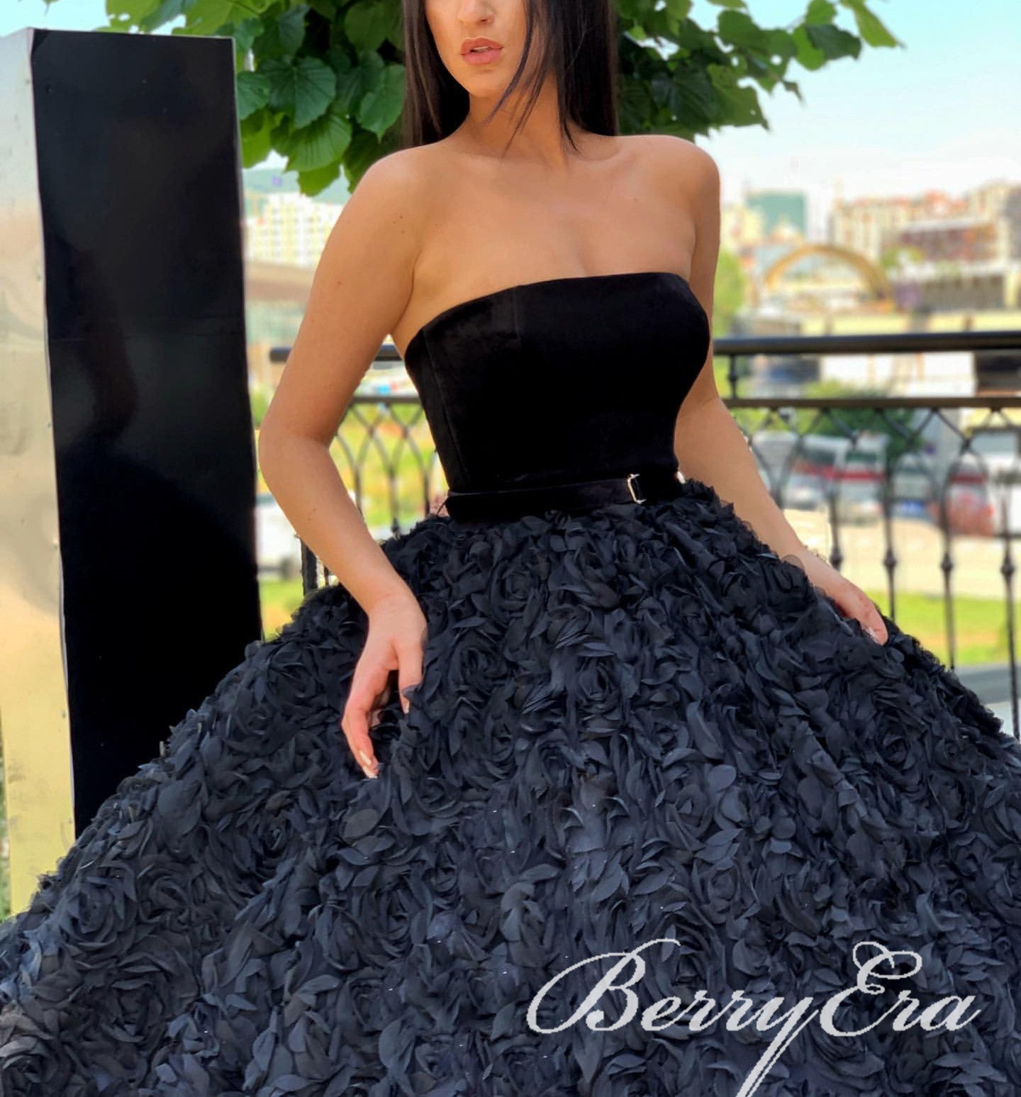 Strapless Long A-line Black 3D Flower Velvet Top Prom Dresses, Ball Go Berryera Strapless Long A-line Black 3D Flower Velvet Top Prom Dresses, Ball Go Berryera