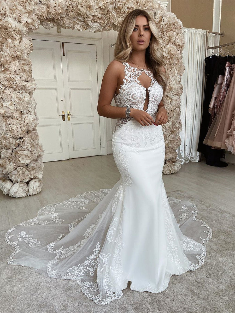 Sleeveless Lace Jersey Wedding Dresses, Long Bridal Gown, Popular 2020 ...