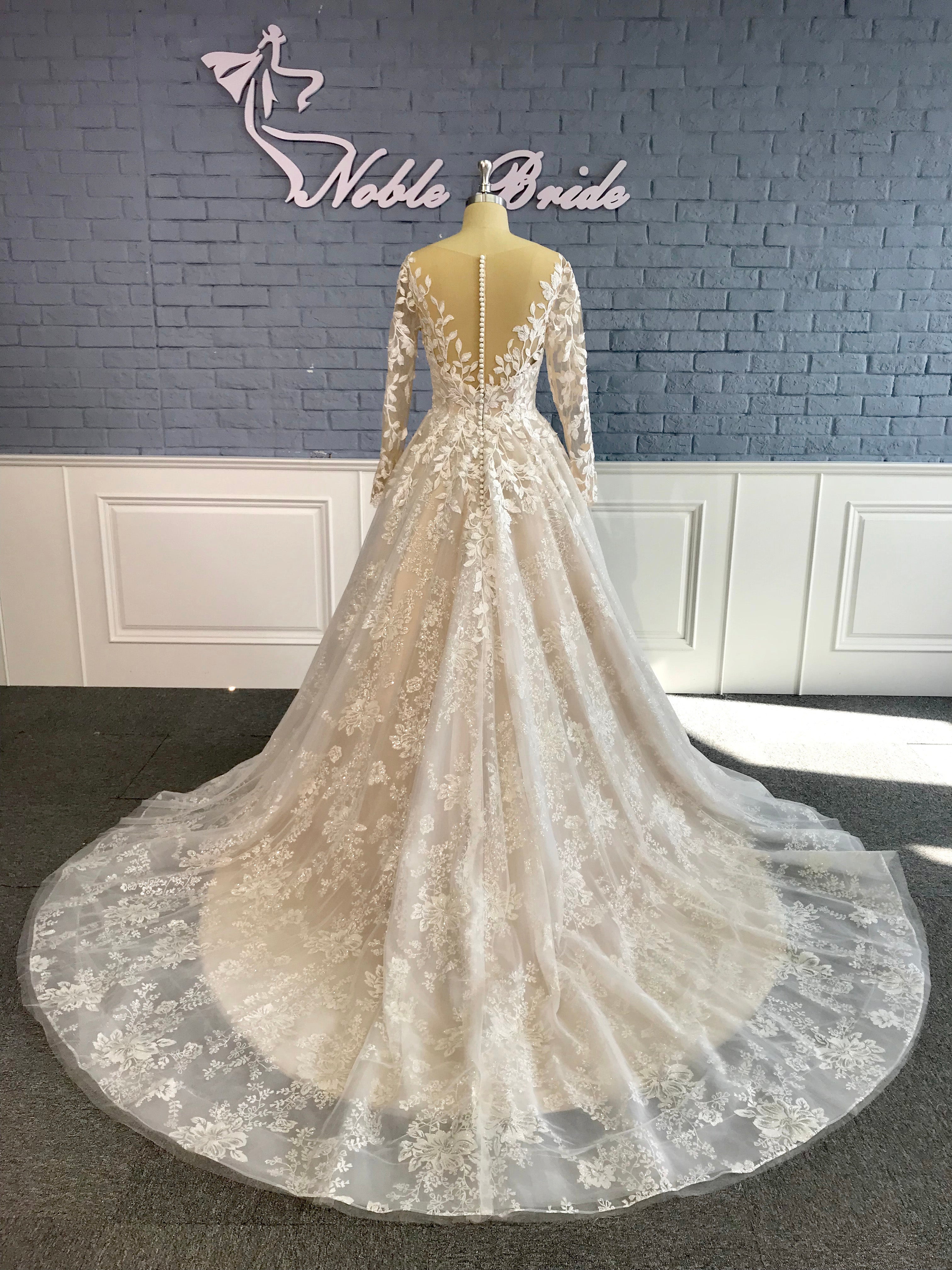 Long Sleeves Lace Tulle Wedding Gown, Elegant Lace Bridal Gown, 2020 Wedding Dresses