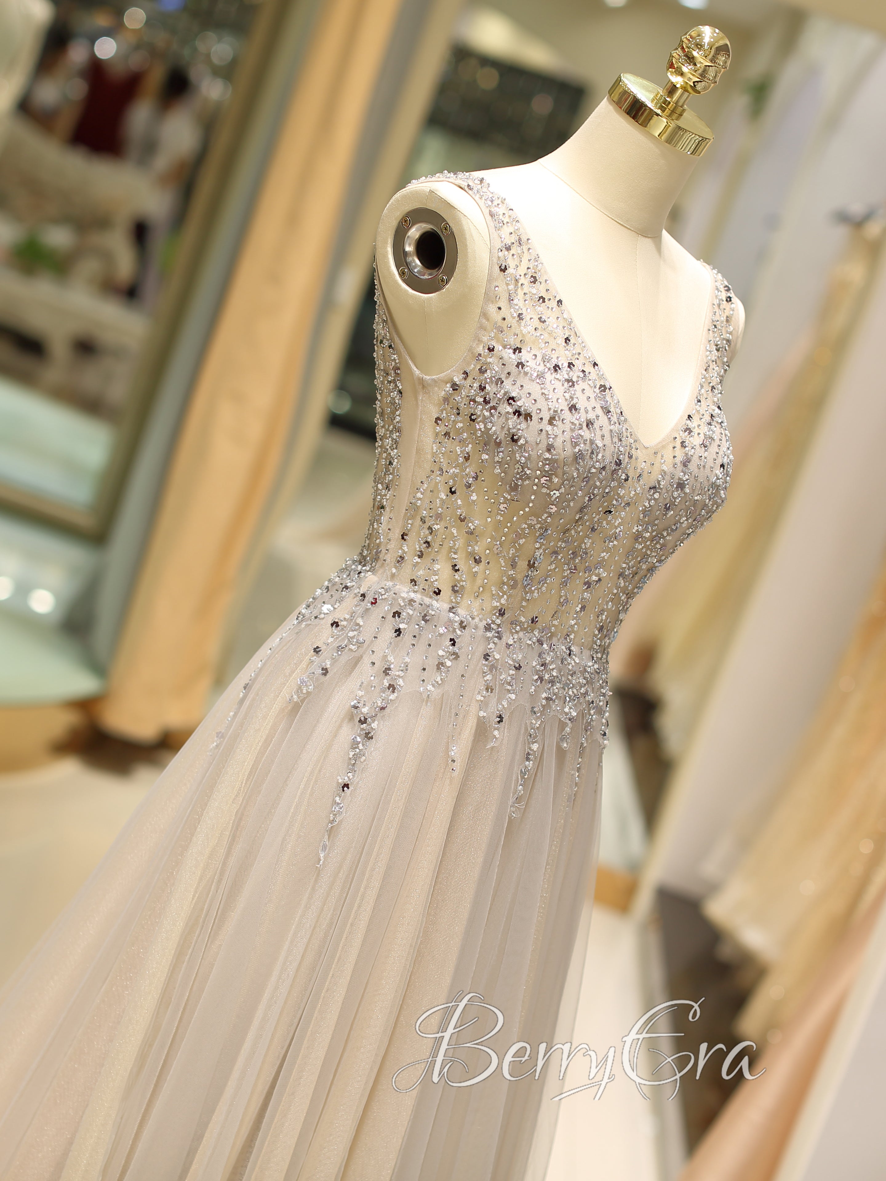 V-neck Sleevess Beaded Prom Dresses, Popular A-line Long Prom Dresses, 2023 Prom Dresses, Popular Prom Dresses