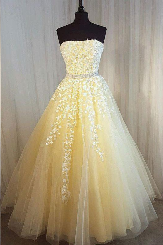 Strapless Long A-line Tulle Lace Beaded Prom Dresses