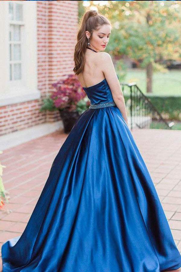 Sleeveless Royal Blue A Line Long Evening Party Prom Dress