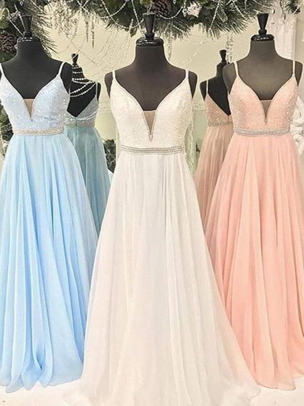 Deep Neck Rhinestones Beads Long Tulle Prom Dress 2019