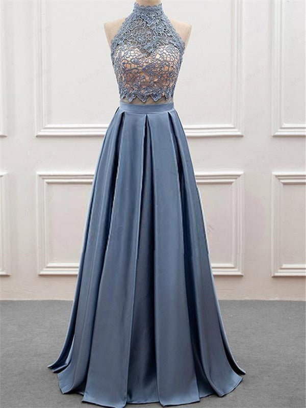 Halter Lace Top Open Back Long A-Line Prom Dresses,High Neck Long Prom Dress