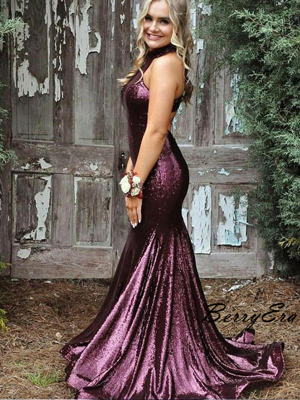 Mermaid Purple High Neck Fancy Formal Long Prom Dresses, Party Dresses