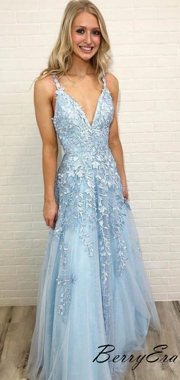 Light Blue Lace Tulle V Neck Spaghetti Strap Formal Long Prom Dresses