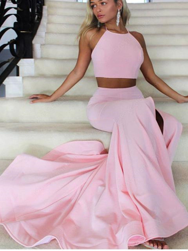 New Arrival Halter Slit Pink Mermaid 2 Pieces Elegant Long Prom Dress