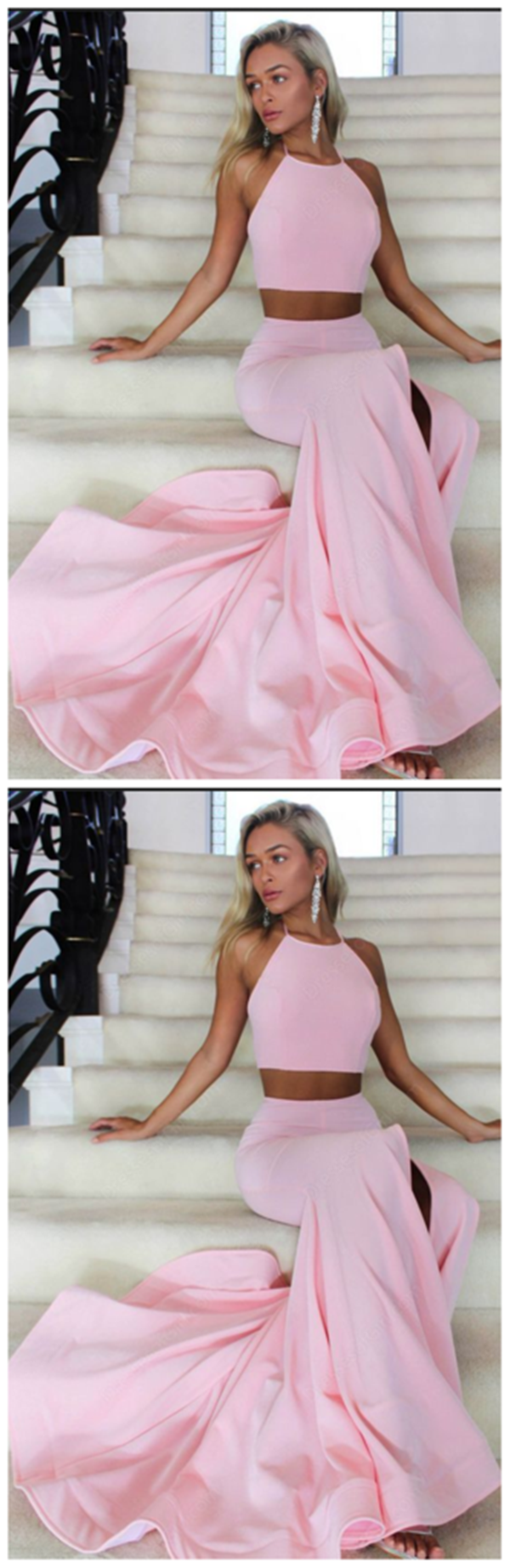 New Arrival Halter Slit Pink Mermaid 2 Pieces Elegant Long Prom Dress