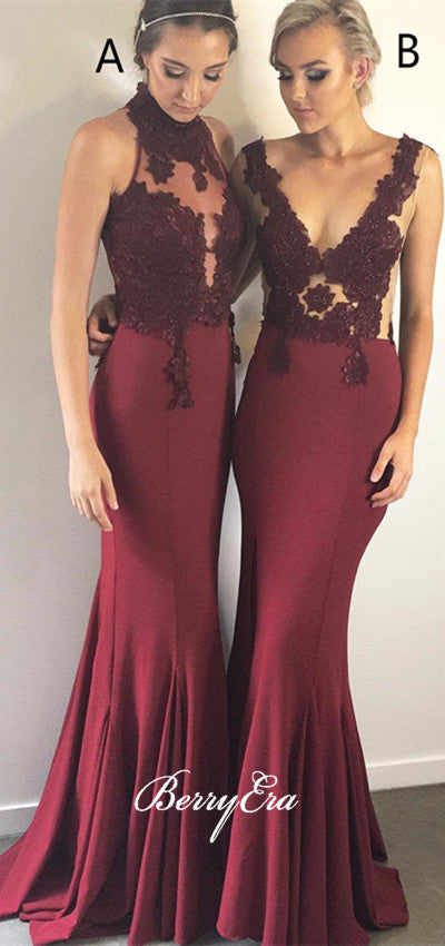 Maroon Jersey Mermaid Lace Long Prom Dresses, Newest Prom Dresses