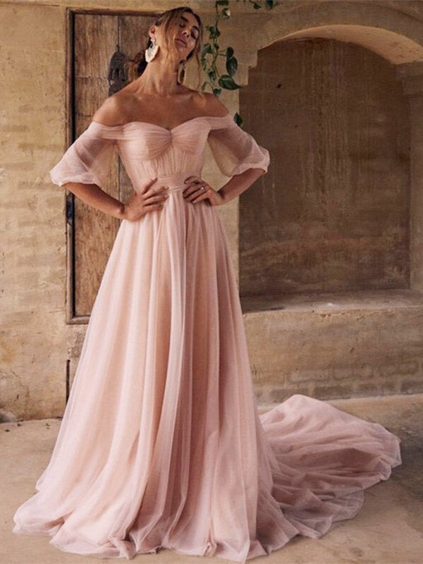 Off Shoulder Sleeve Ball Gown Pearl Pink Prom Dress – daisystyledress
