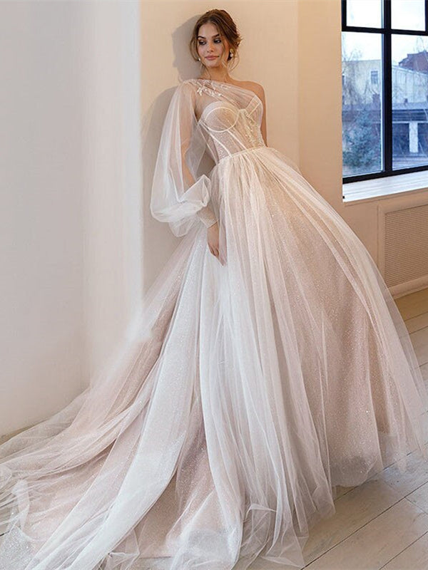 One Shoulder Ivory Sequin Tulle Prom Dresses, Appliques Wedding Dresses, Long Prom Dresses, 2022 Bridal Gowns