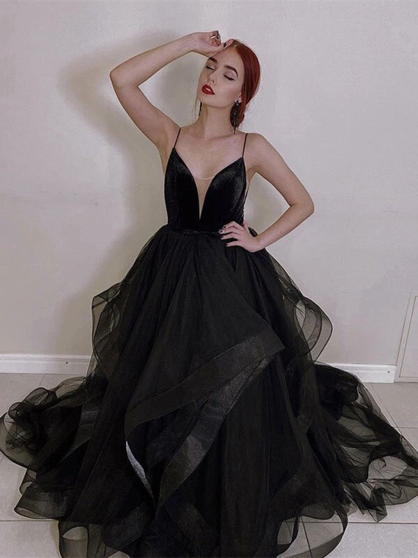 Spaghetti Black Tulle Prom Gown, A-line Prom Dresses, 2021 Prom Dresses, Newest Prom Dresses