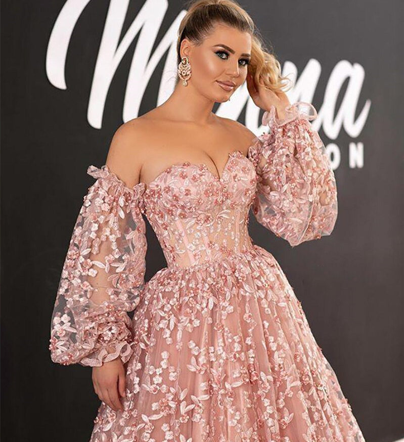Pink Long A-line Prom Dresses, Lace Beaded Prom Dresses, 2021 Prom Dresses, Cheap Prom Dresses