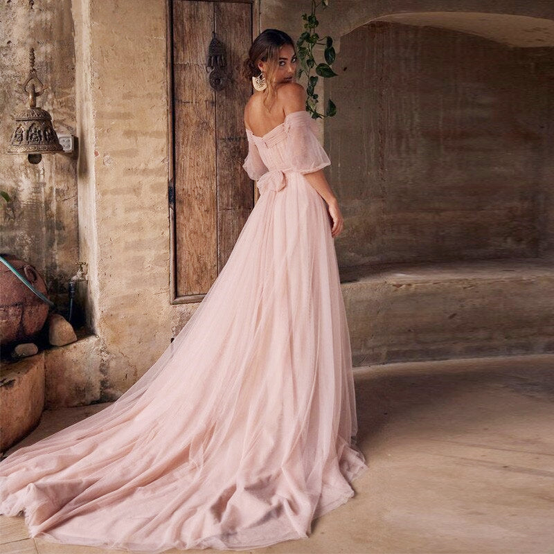 Short wedding dress ,Off-the-Shoulders Blush Pink Tulle & Lace Midi Dr
