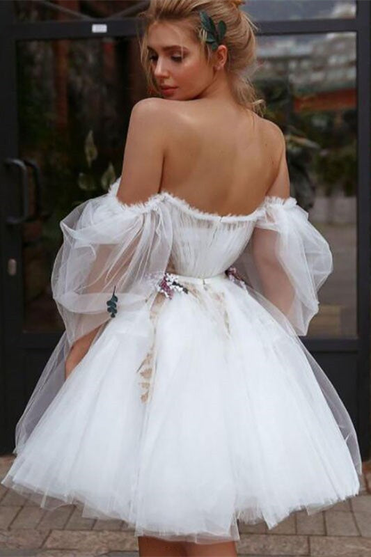 Off Shoulder Bubble Sleeve Short Prom Dresses, Ivory Tulle Homecoming Dresses, Newest Prom Dresses, Affordable Prom Dresses
