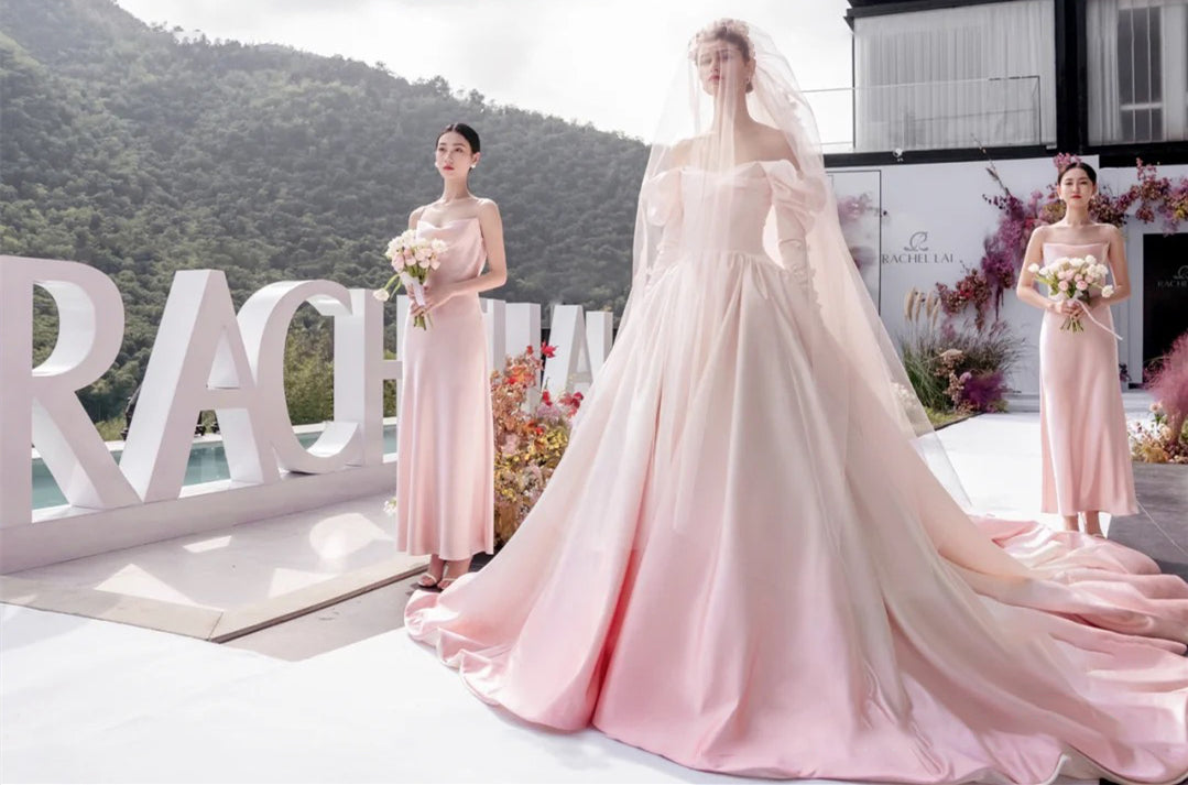 Gradient Satin A-line Wedding Dresses, Off Shoulder Long Sleeves Wedding Dresses, Bridal Gown, Popular Wedding Dresses