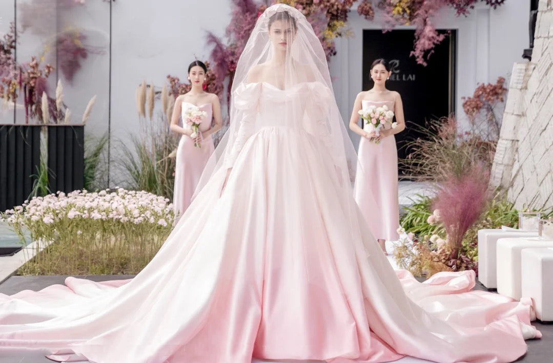 Gradient Satin A-line Wedding Dresses, Off Shoulder Long Sleeves Weddi