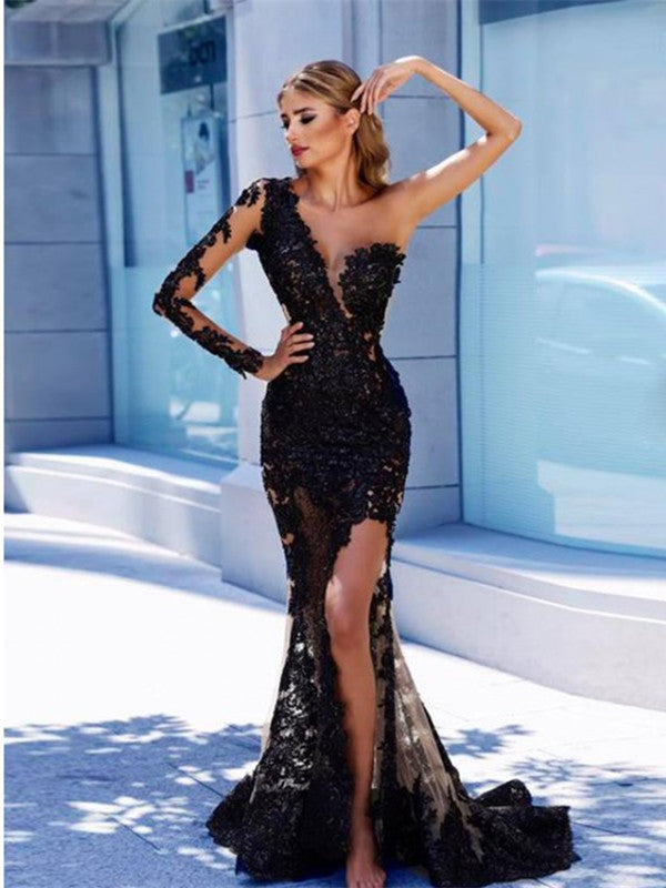 One Shoulder Sleeve Black Lace Long Prom Dress,2019 New Prom Dress