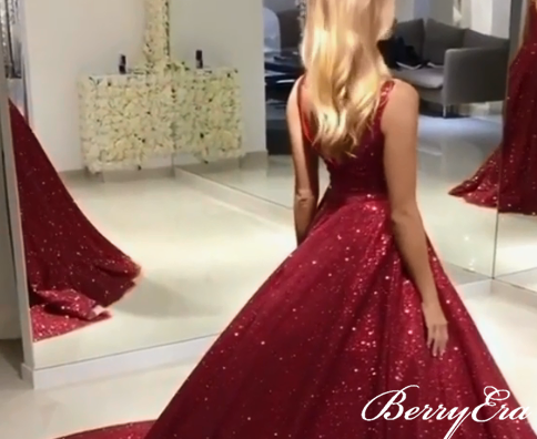 Shiny Red Sequin Tulle Prom Dresses, Sparkle Prom Dresses, Long Prom Dresses