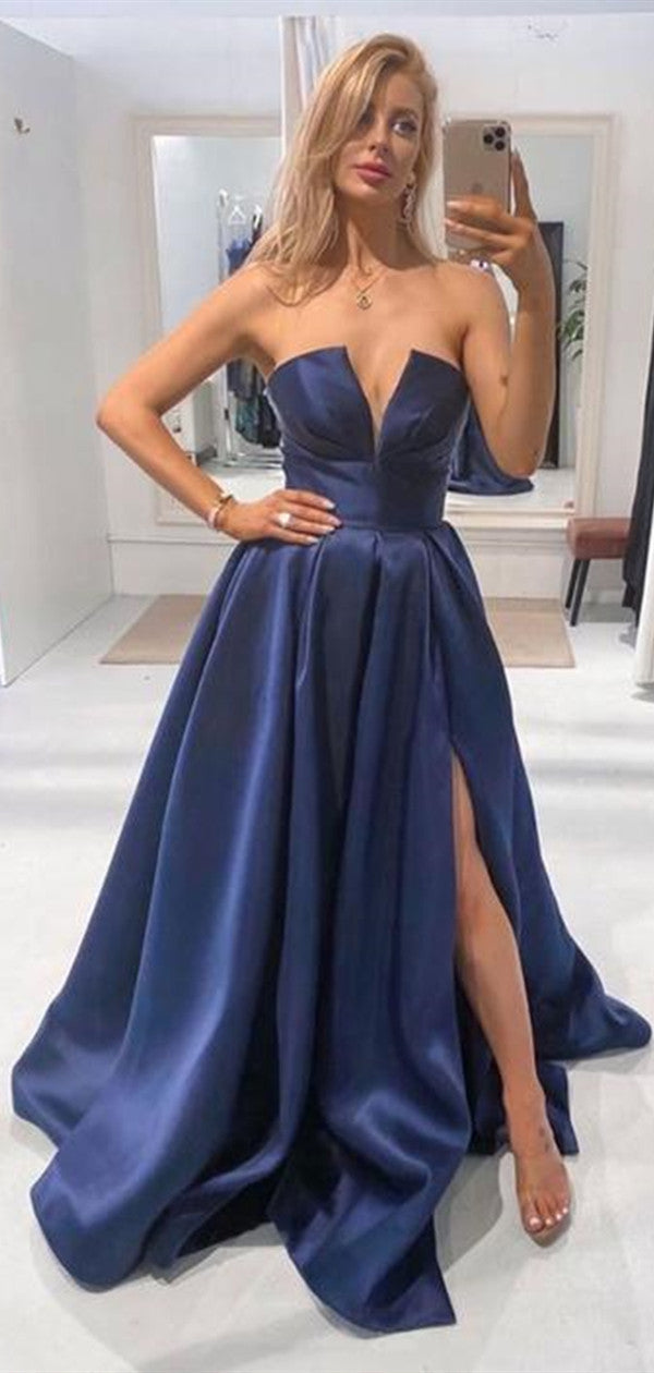 Strapless A-line Satin Evening Party Prom Dresses, Side Slit Newest 2021 Long Prom Dresses