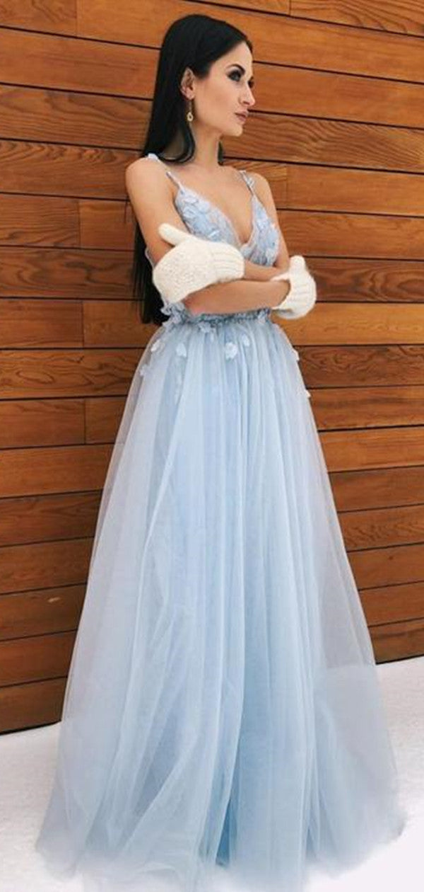 Sky Blue Color Simple A-line Prom Dresses, Appliques Elegant 2021 Long Prom Dresses