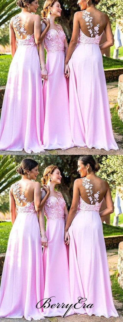 Pink Chiffon Lace Bridesmaid Dresses, A-line Bridesmaid Dresses, Wedding Guest Dresses