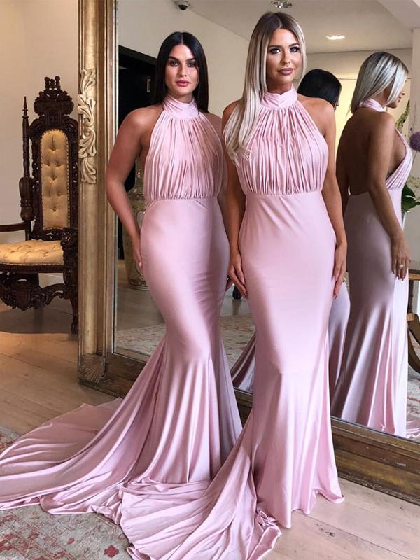 Halter Pink Long Mermaid Backless Bridesmaid Dresses