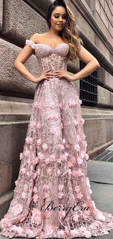 Off Shoulder Pink Lace A-line Prom Dresses, Long Prom Dresses