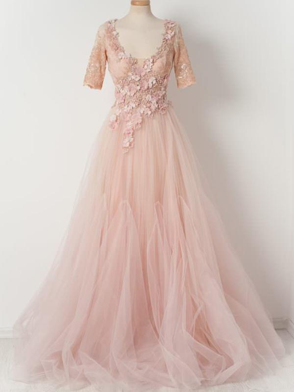 Half Sleeves Long A-line Tulle Handmade Flower Prom Dresses