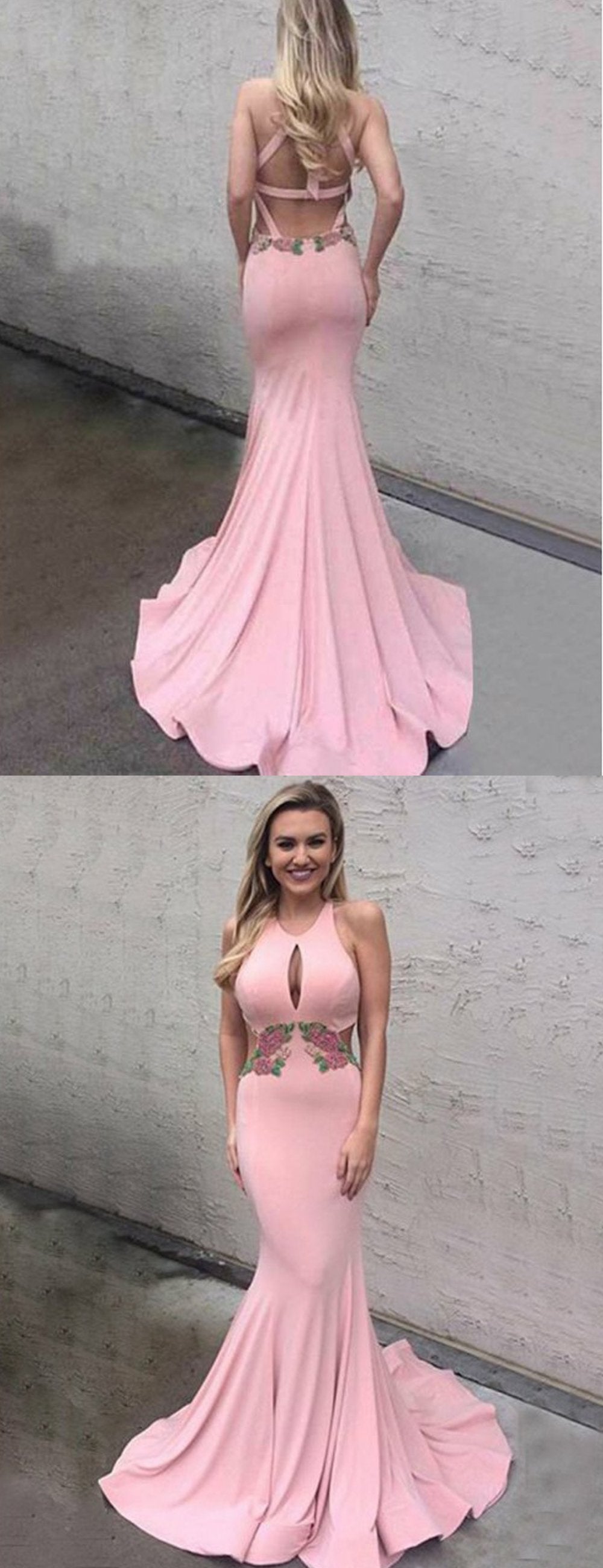 Backless Sexy Applique Halter Mermaid Long Prom Dresses