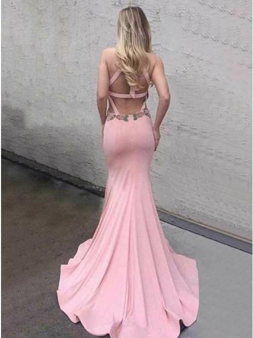 Backless Sexy Applique Halter Mermaid Long Prom Dresses