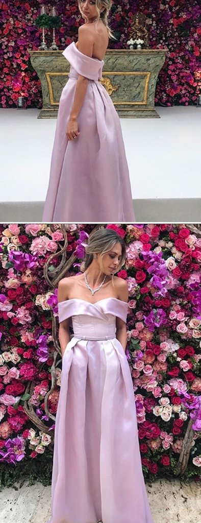 Off Shoulder Blush Pink Satin A-line Prom Dresses