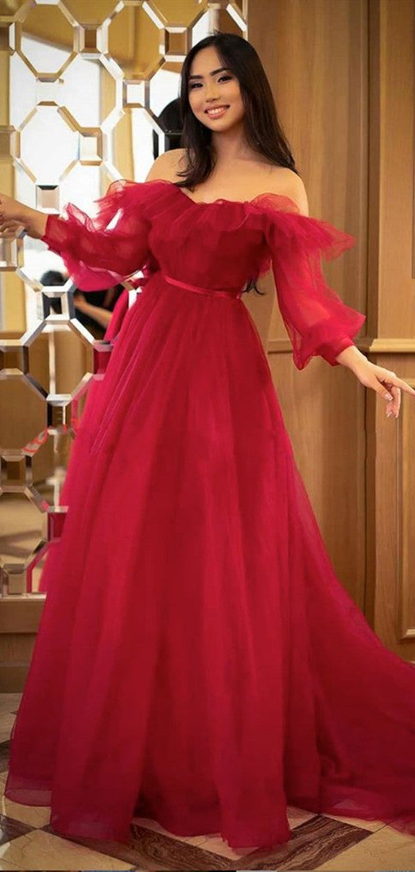 Princess Off Shoulder Long Sleeves Red Long Prom Dress, A-line Popular 2021 Prom Dresses