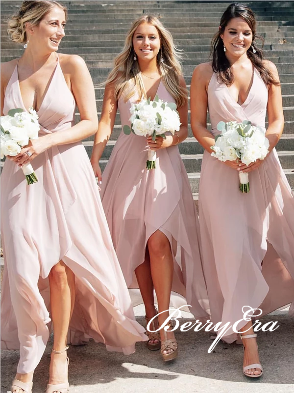 V-neck Hi-low Blush Pink Chiffon Bridesmaid Dresses, Long Bridesmaid Dresses, Bridesmaid Dresses