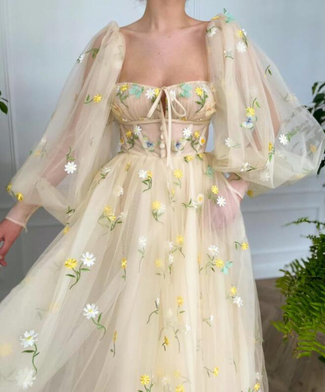 Tea Length Corset Long Evening Princess Prom Dresses, Appliques 2022 Long Prom Dresses, Newest Ball Gown Tulle Wedding Dresses