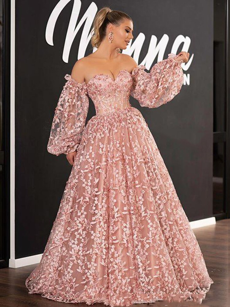 Pink Long A-line Prom Dresses, Lace Beaded Prom Dresses, 2021 Prom Dresses, Cheap Prom Dresses