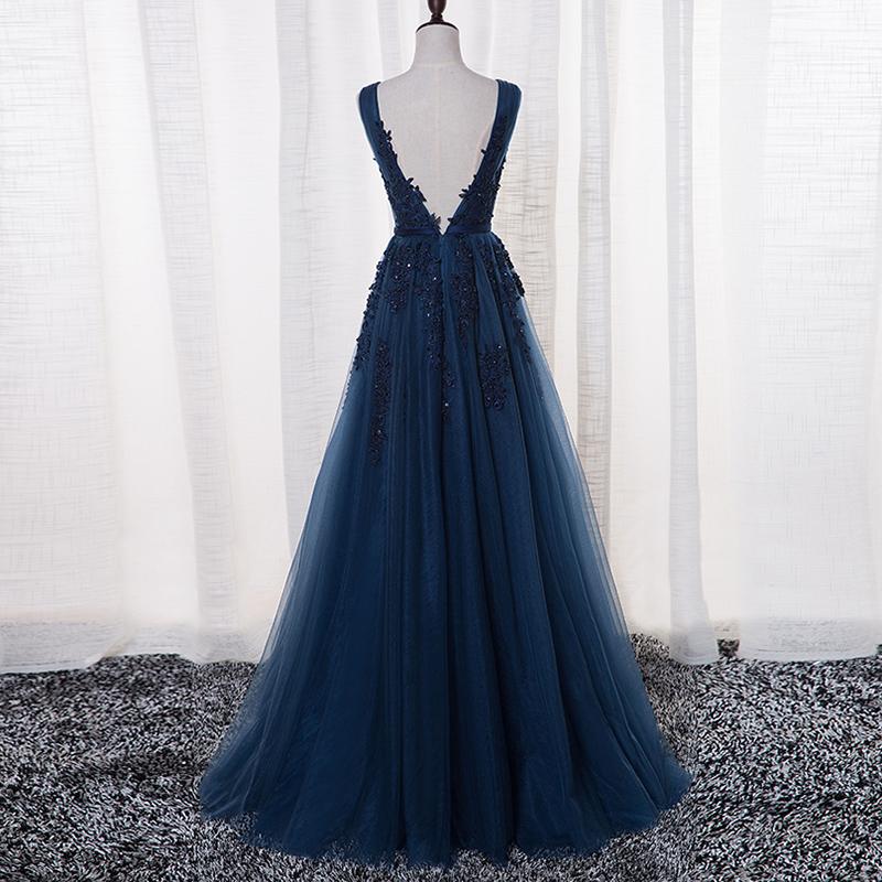 V-neck Lace Beaded Long A-line Tulle Prom Dresses
