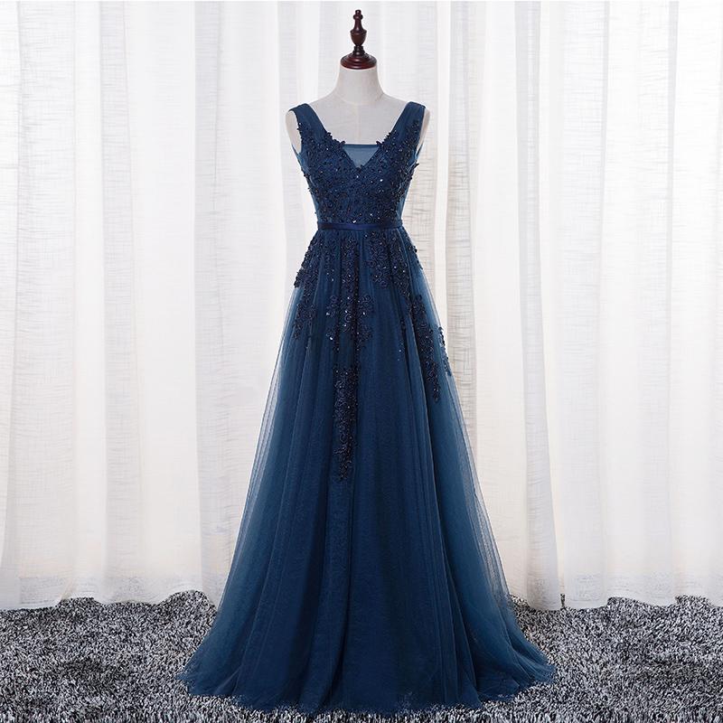 V-neck Lace Beaded Long A-line Tulle Prom Dresses – Berryera