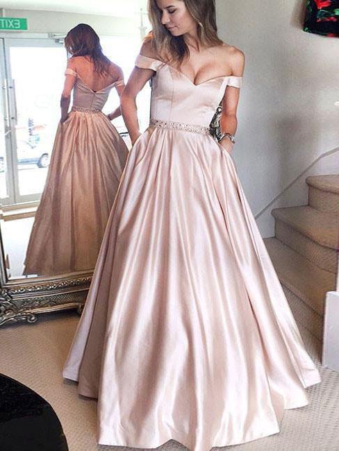 Off Shoulder Pale Pink A-line Satin Beaded Prom Dresses