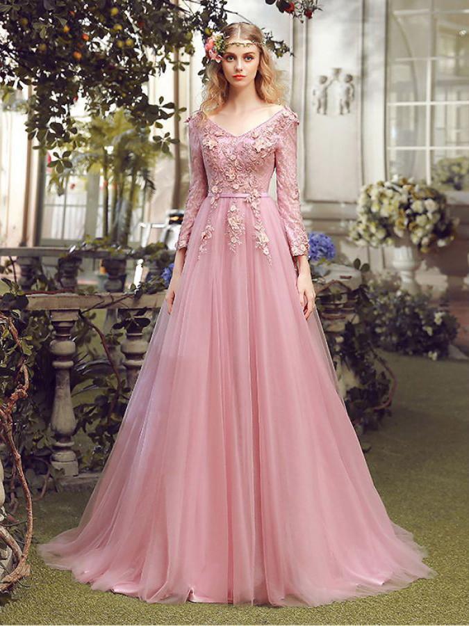 V-neck Long Sleeves A-line Tulle Appliques Prom Dresses