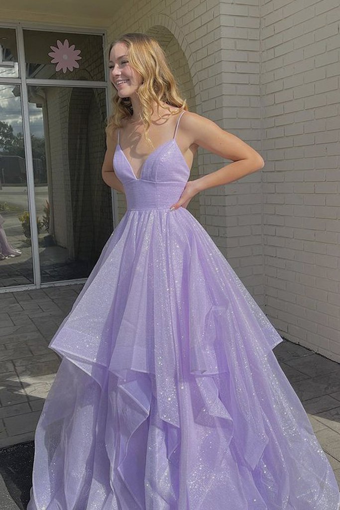 Shiny V Neck Fluffy Purple Long Prom Dresses, A Line 2021 Prom Dresses, Girl Party Dresses