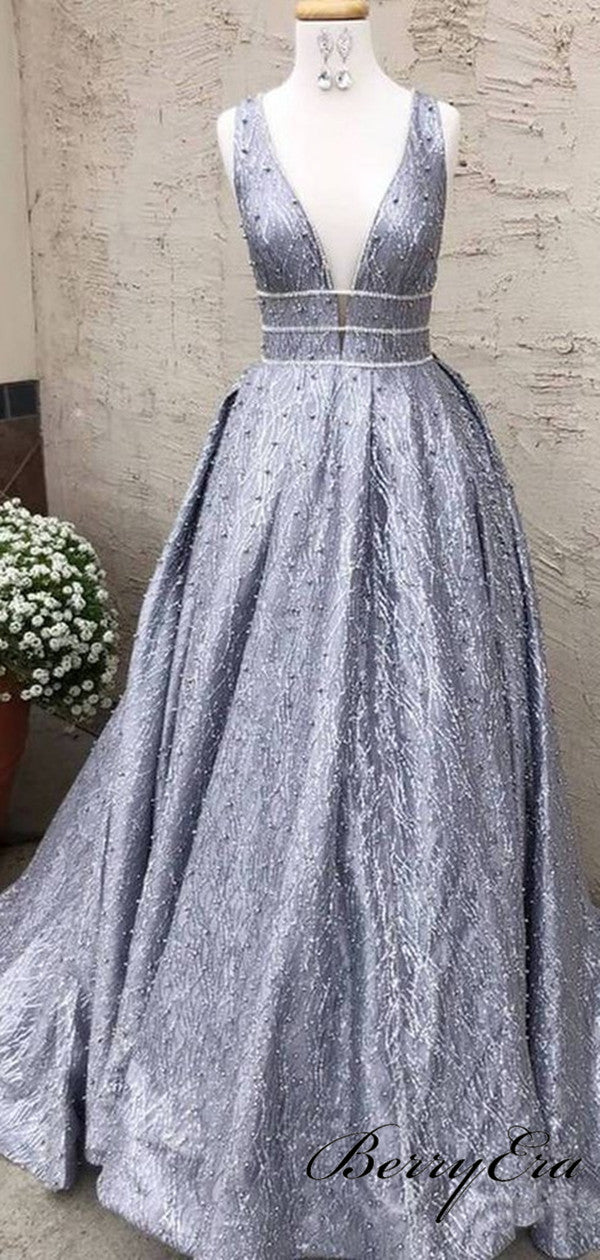 Silver Sequin Lace Beading Ball Gown Prom Dresses, Deep V-neck Sleeveless Prom Dresses