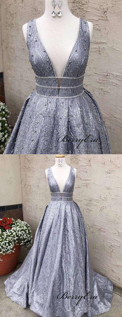 Silver Sequin Lace Beading Ball Gown Prom Dresses, Deep V-neck Sleeveless Prom Dresses