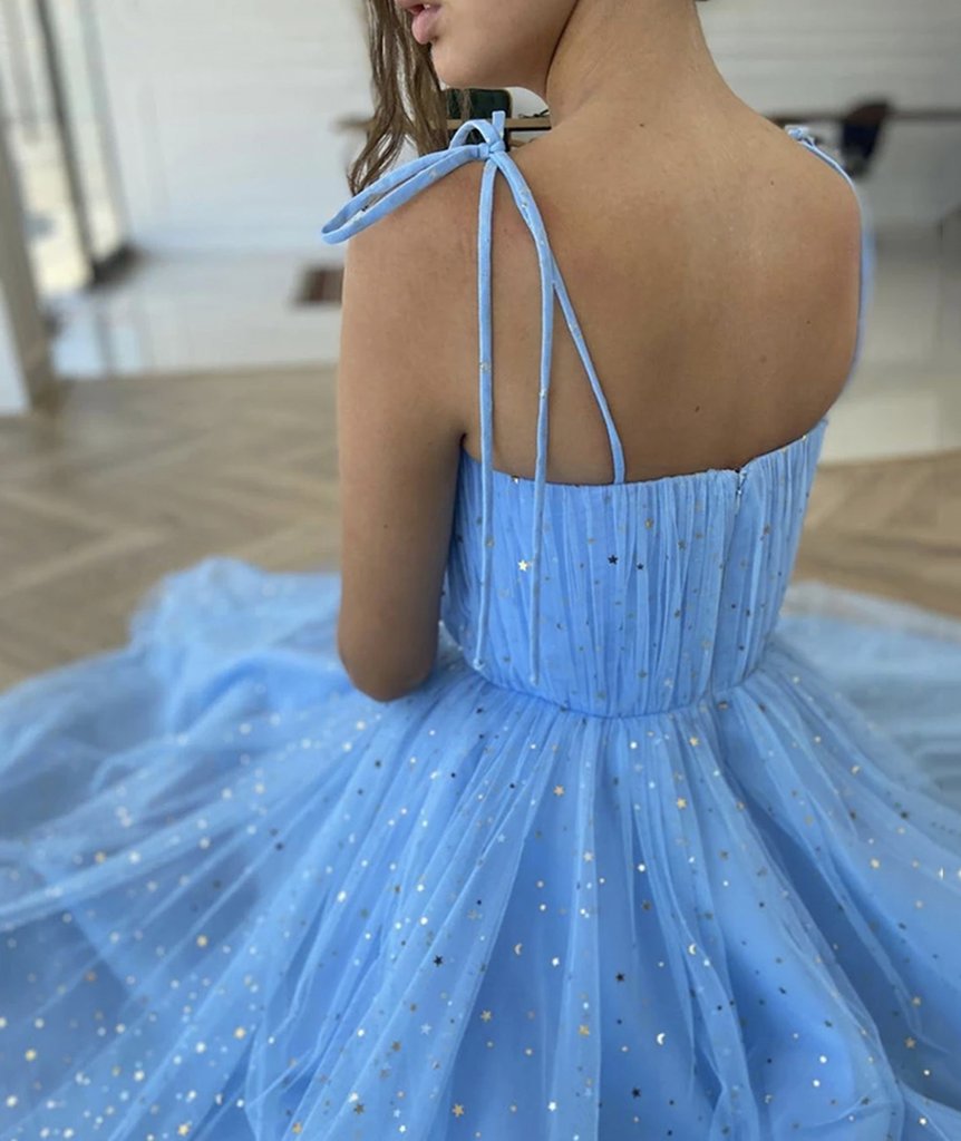 Spaghetti Long A-line Blue Sequin Tulle Prom Dresses, Shiny Prom Dresses, Newest Prom Dresses