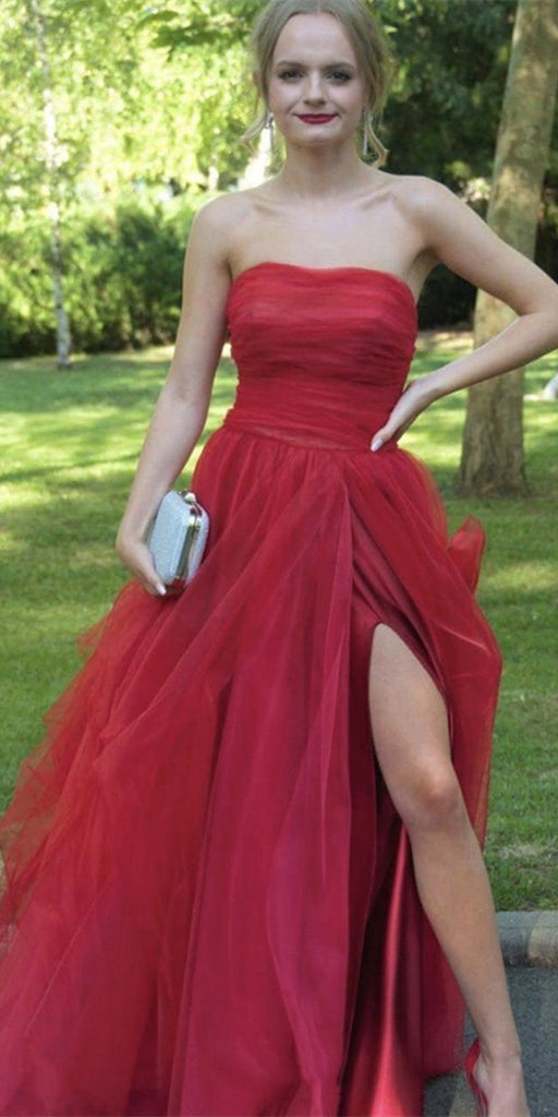 Strapless Red Tulle Prom Dresses, Side Slit Prom Dresses, Newest 2021 Prom Dresses, Long Prom Dresses