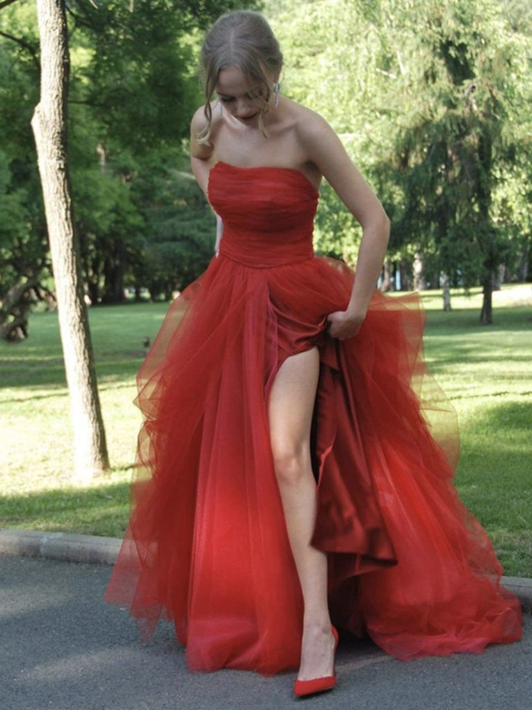 Strapless Red Tulle Prom Dresses, Side Slit Prom Dresses, Newest 2021 Prom Dresses, Long Prom Dresses