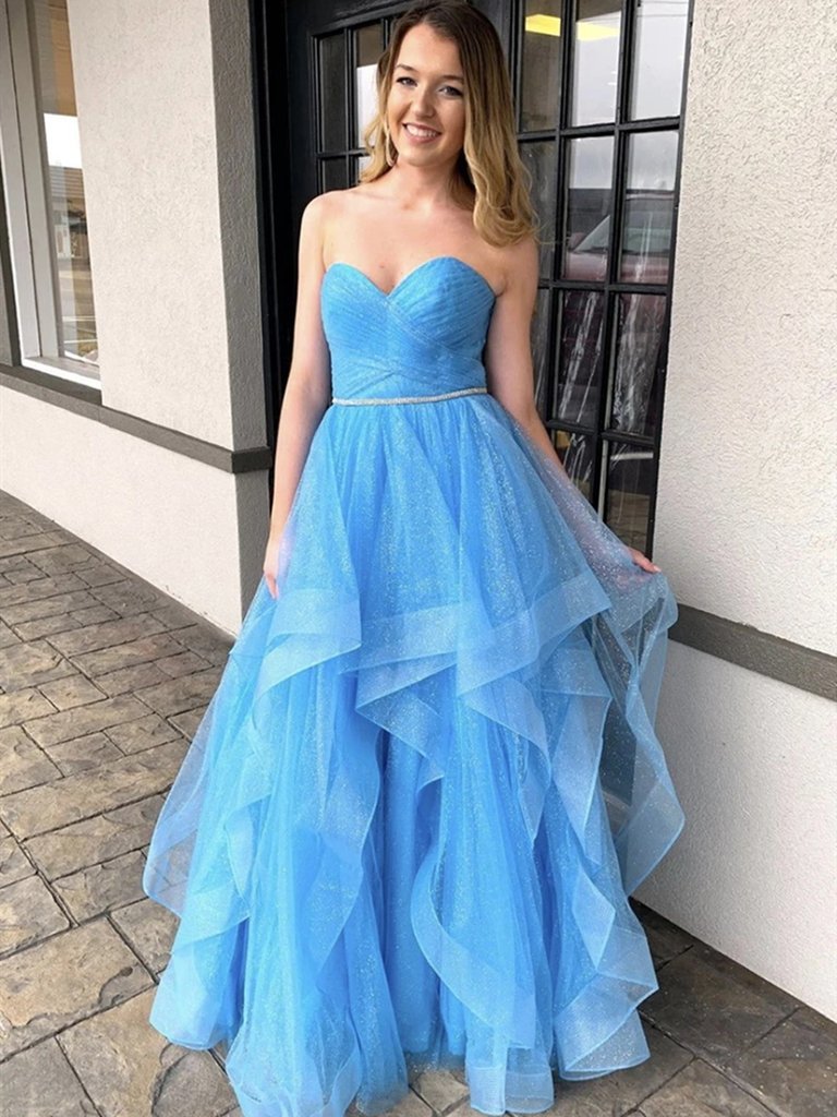 Sweetheart Long A-line Light Blue Sequin Tulle Prom Dresses, Shiny Prom Dresses, 2020 Prom Dresses
