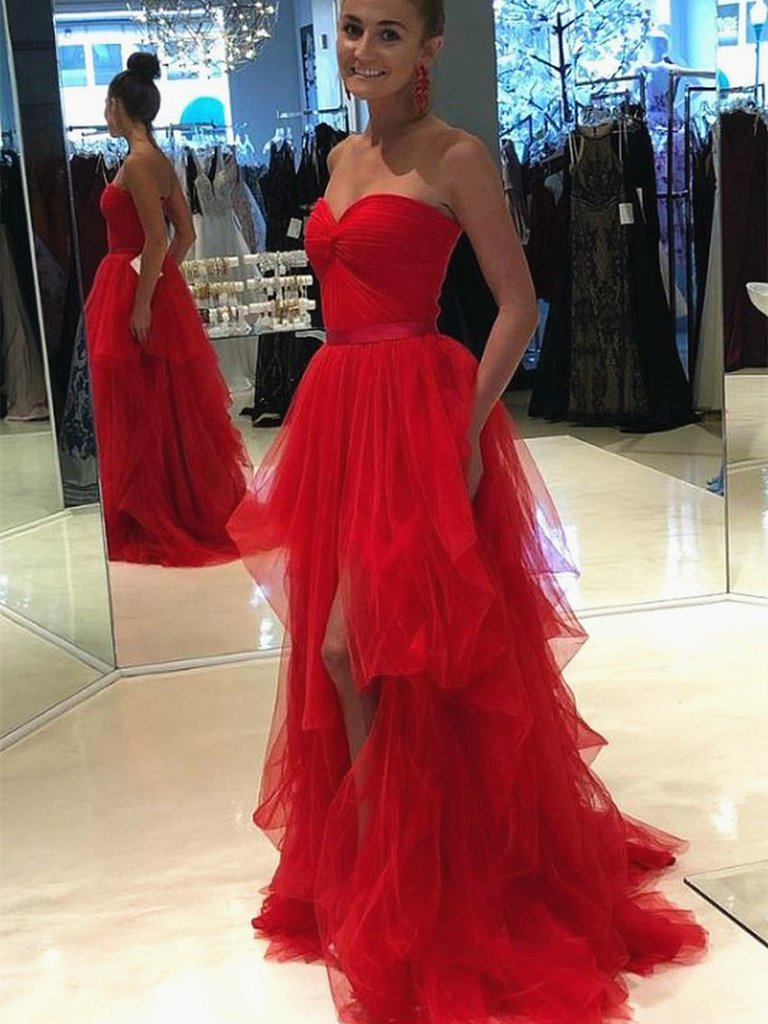 Sweetheart Long A-line Red Tulle Prom Dresses, Hi-low Prom Dresses, Popular Prom Dresses