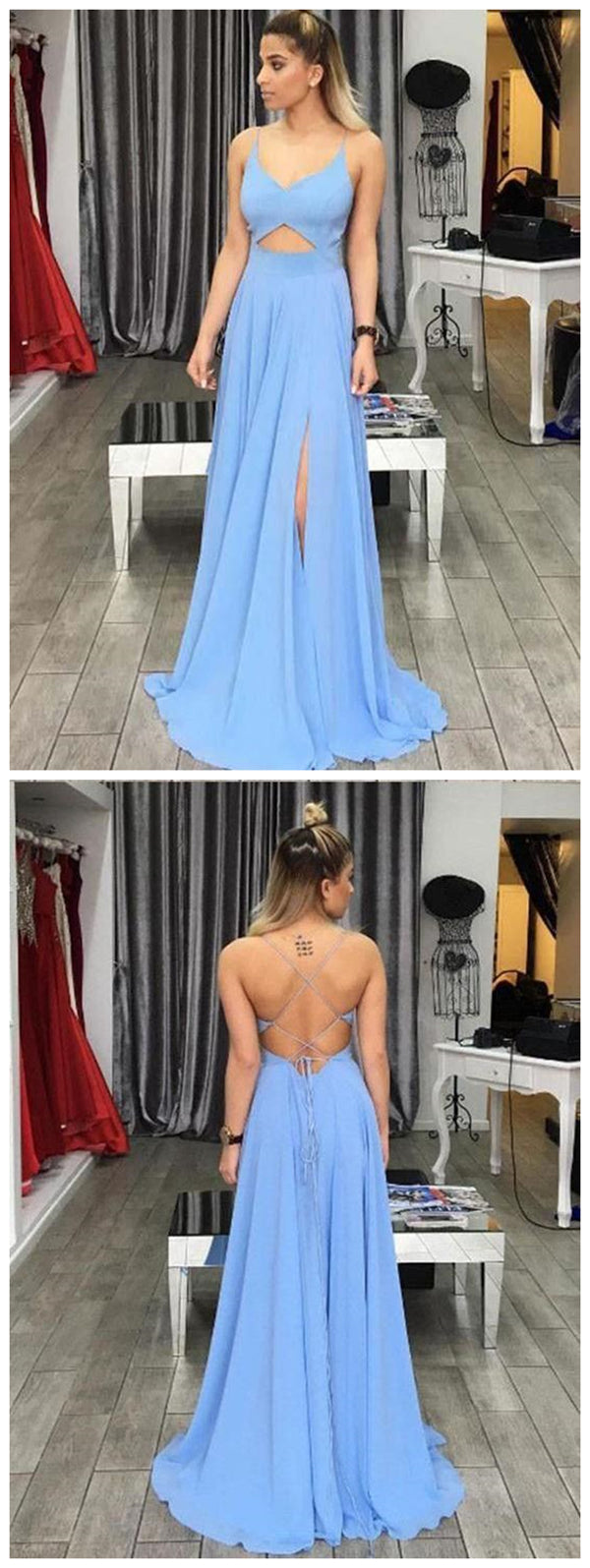 Blue Spaghetti Straps Prom Dresses With Side Slit, Sexy Long Evening Party Prom Dress