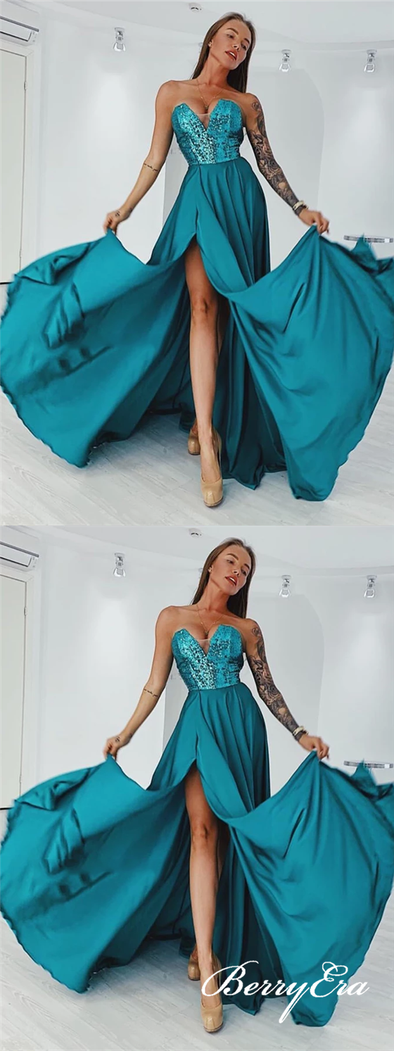 Sweetheart Long Prom Dresses, Sequin Top Side Slit Long Prom Dresses, Prom Dresses